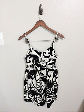 SHEIN Black & White Tropical Abstract Cutout Babydoll Mini Dress